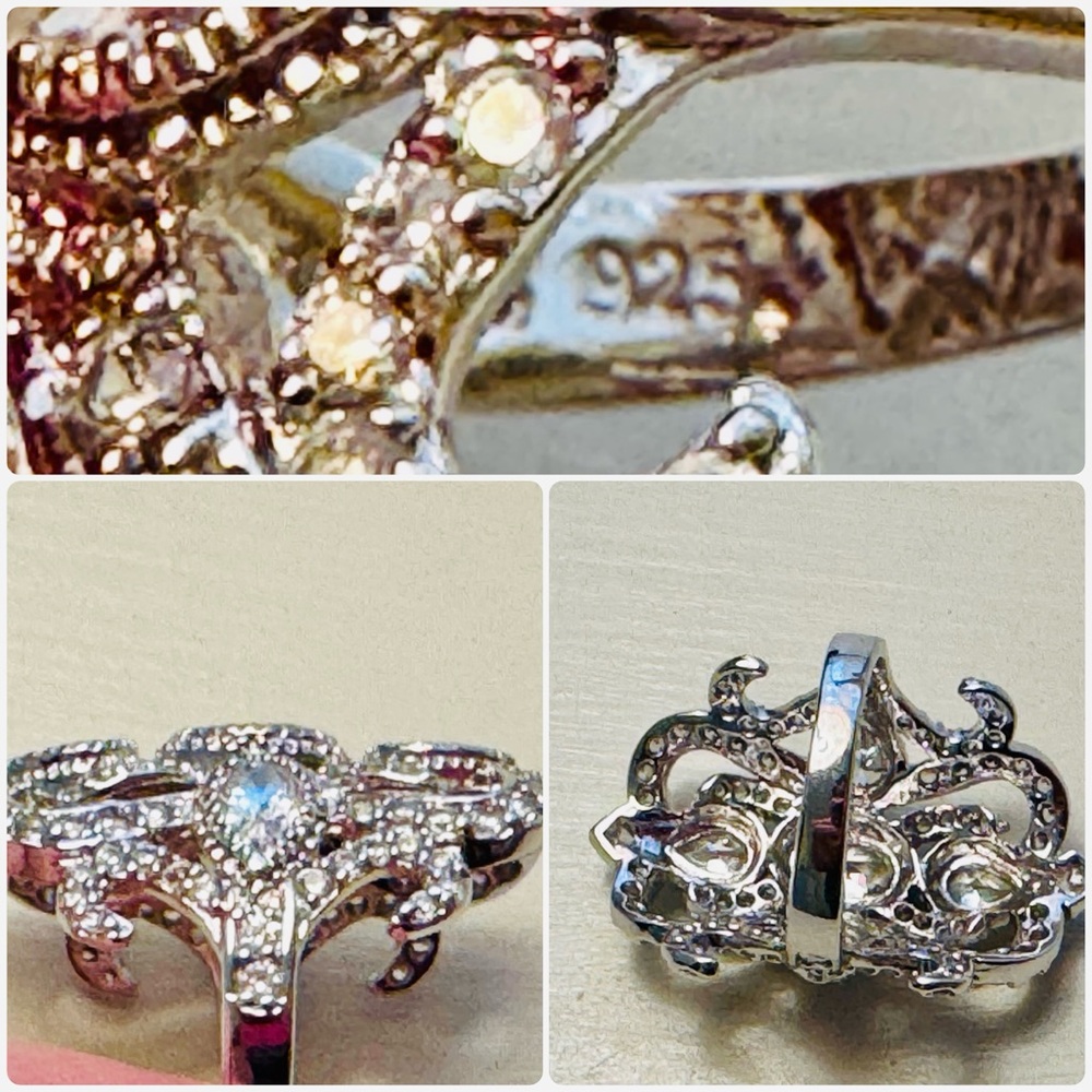 3.8 Carat DEW CZ Cocktail Statement Ring 925 Sterling Silver Rhodium Plated - Picture 6 of 8
